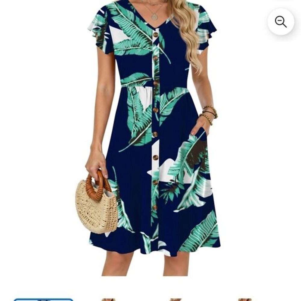 Navy Leaf Print Midi Dress XL
